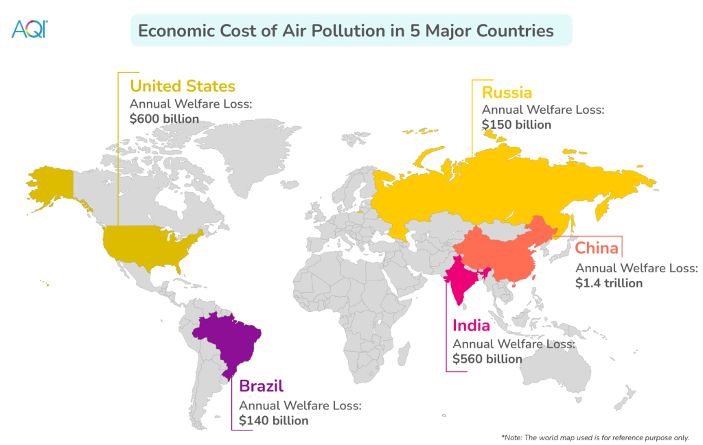 Economic cost of air pollution in 5 major countries.