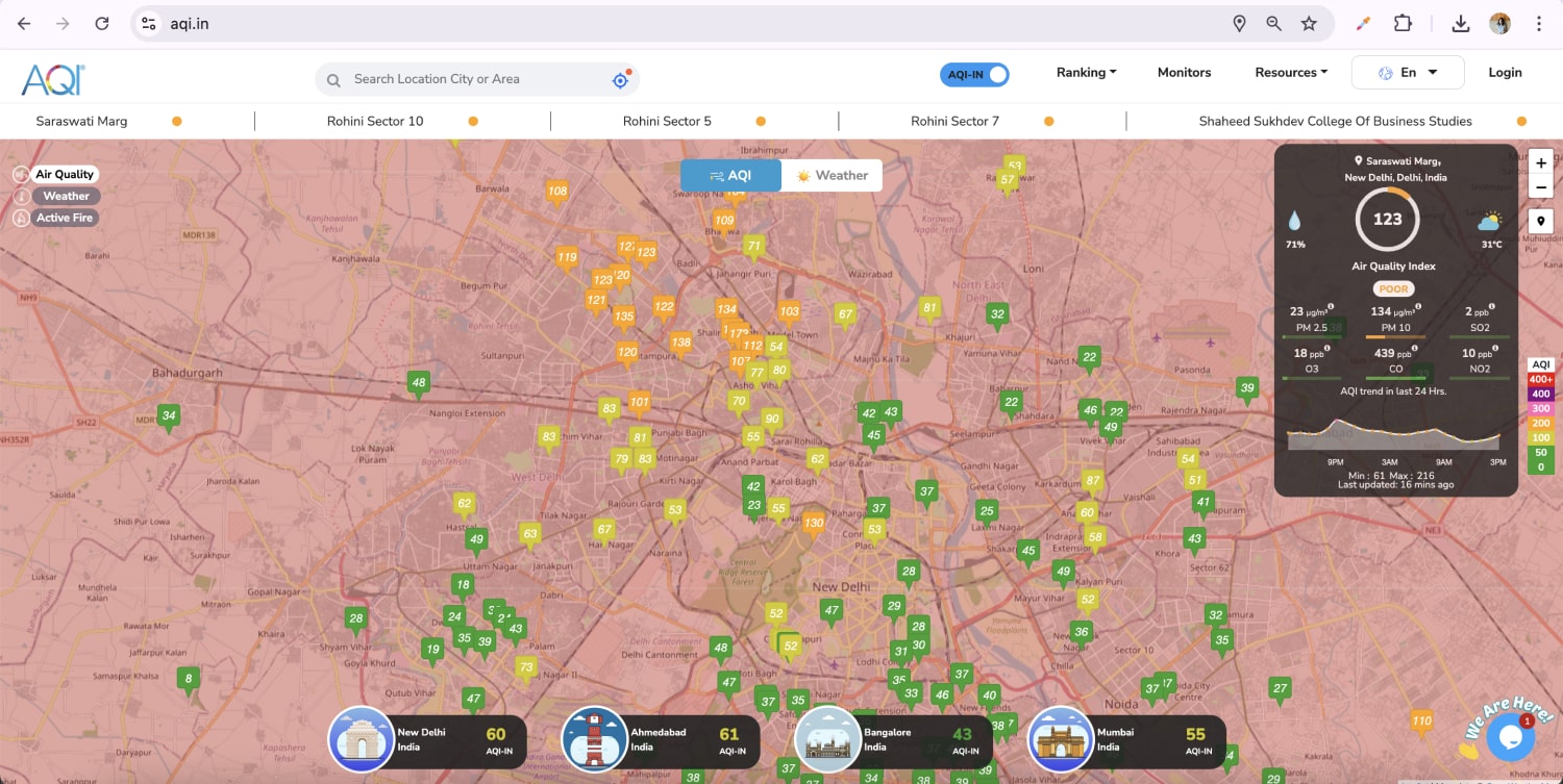 how to check air quality data of a location after entering on the dashboard