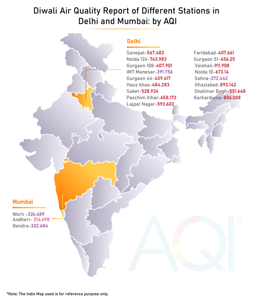 locations of india marked with highest aqi levels on diwali 2024.