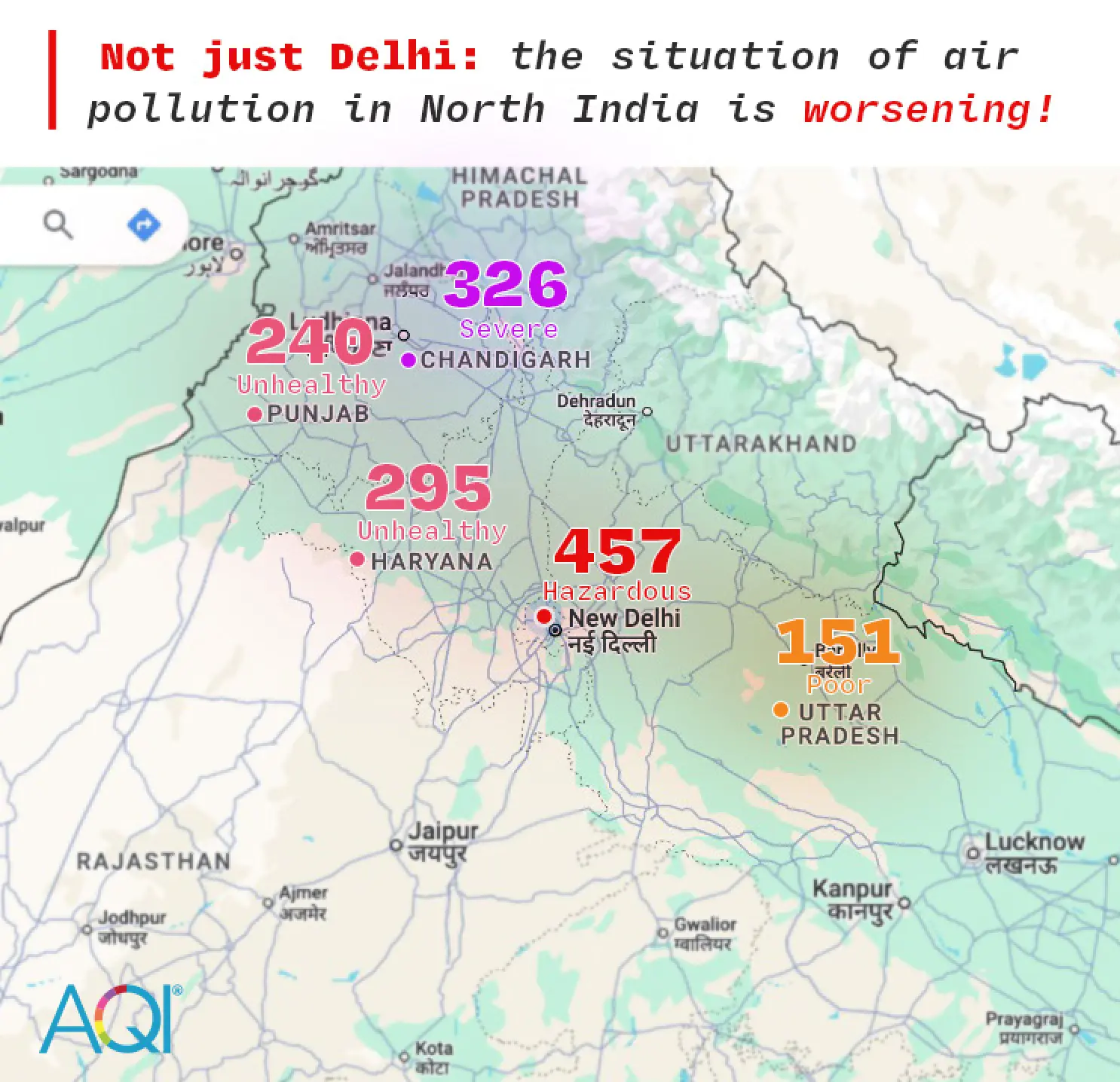 air pollution in north india in map